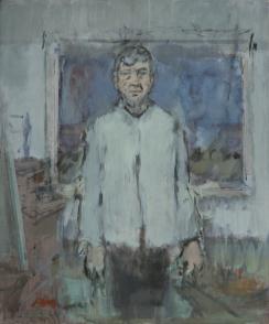 Figure in white coat in studio with painting behind
