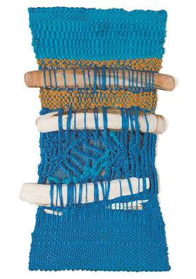 Electric blue vertical rectangluar weaving with three shells inserted horizontally