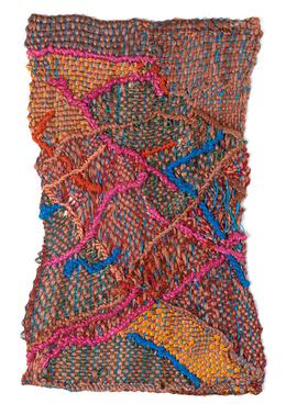 Rectangular weaving with crisscrossing sections of blue, red, pink, and orange