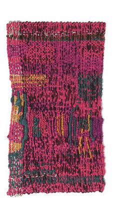 Pink weaving with interwoven black, green, and yellow threads