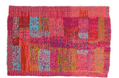 Horizontal pink weaving with rectangles of lighter pink, yellow, and light blue