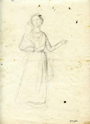 Pencil drawing of woman standing and pointing with left arm to the right on paper with several small marks around 