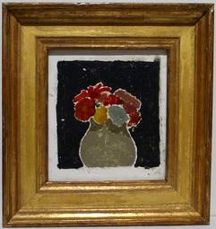 Red. purple, yellow and blue flowers in grery vase in frornt of black wall on in gold frame