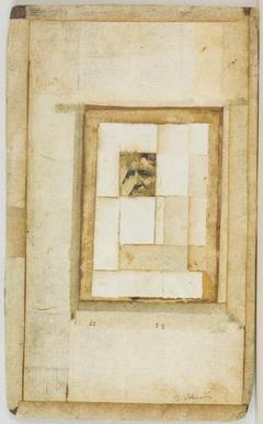 Face of figure with white rectangles around in tan rectangular paper frame