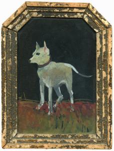 White dog with collar on grass in wooden frame