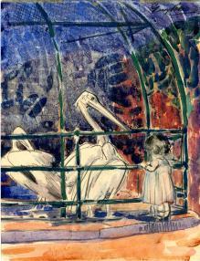 Two white bird in glass dome with little girl looking in 