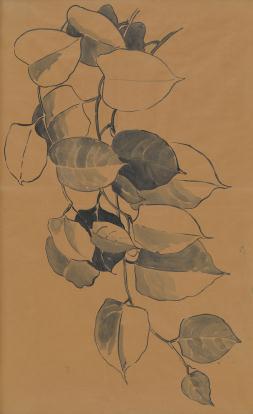 Branch of leaves on tan paper