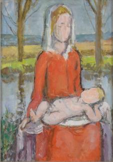 Woman in red dress and white head covering holding reclining baby on lap in landscape with two trees and pond