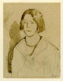 Bust of girl with short bob, in shirt wtith large collar on tan paper