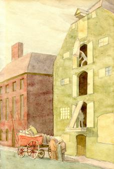 Red brick building at left with green building with open windows at right with figures holding large rectangles at windiws; red cart with figures in and in front of it at bottom center