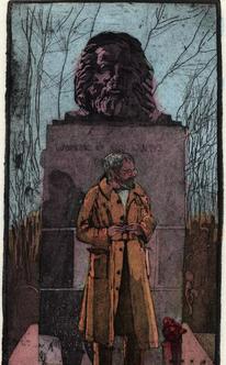 Bearded man in trench coat stands facing right in front of statue head of Karl Marx