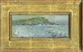 Seascape with green land mass on gold frame