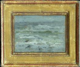 Seascape with breaking waves in gold frame