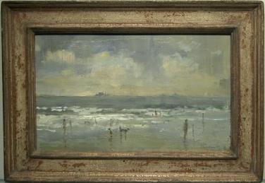 Seascape with clouds in the sky, figures and dogs on the shore in wood frame