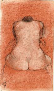 Nude model seated facing away with head down