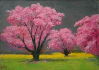 Pink trees on green grass