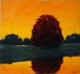 Red tree with landscape and orange sky reflected in pond below