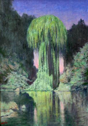 Weeping willow refelected in pond below and trees and pink sky
