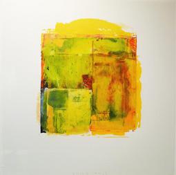 Yellow, green and orange abstract shapes in a square on white ground