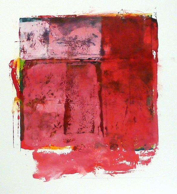 Abstract red and pink rectangles arranged with other bright yellows and greens poking through