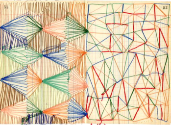 Ledgerbook paper with blue, green, orange trangles forming diamonds on left and red, green, blue, and orange, threads forming triangles at right