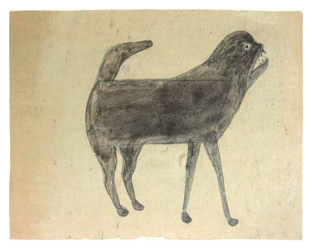 Black dog with tail pointing towards head and mouth open