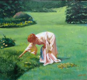 Woman in pink kimono bending and reacing forrward in green grassy landscape with trees in background
