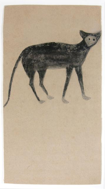 Four legged cat with grey face and grey paws on tan paper facing left with tail down